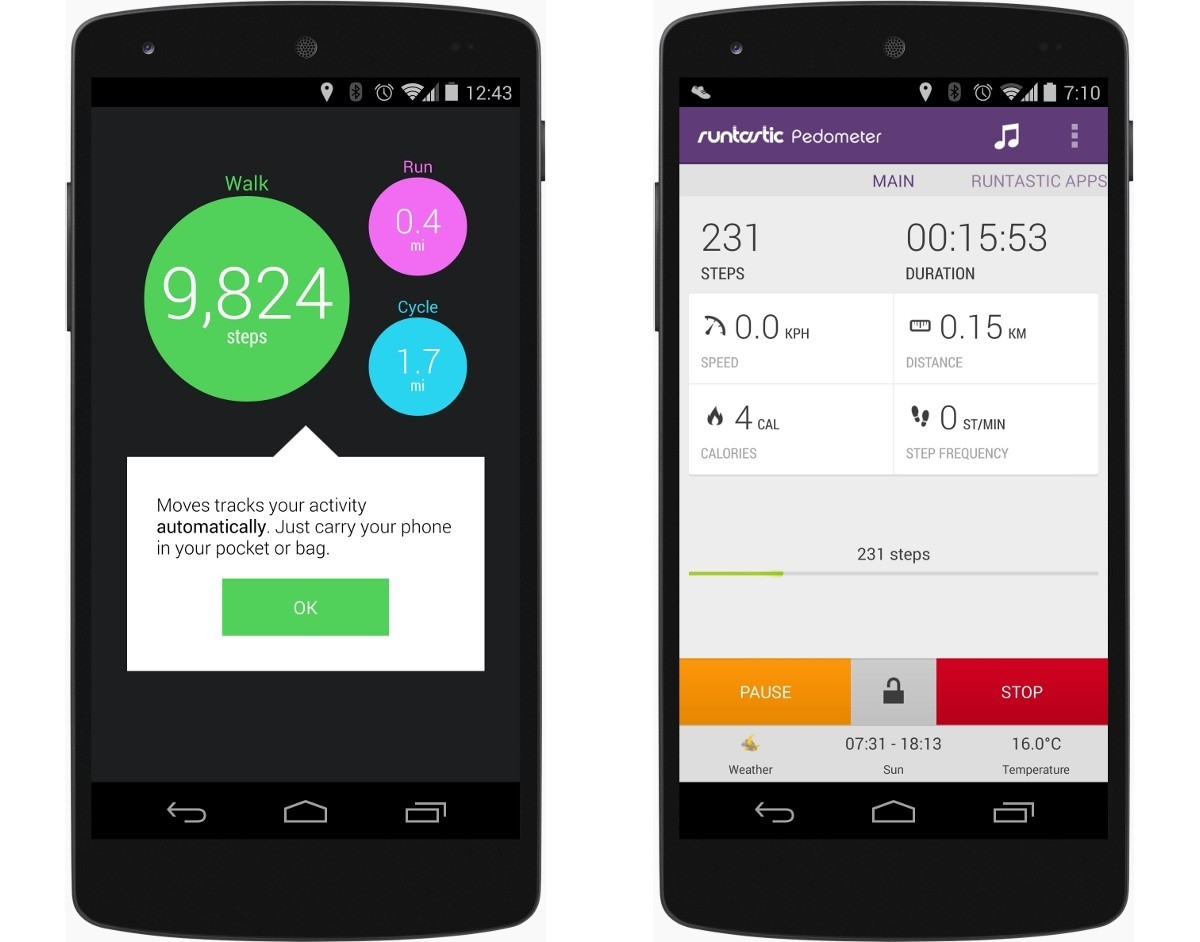 Moves and Runtastic Pedometer using the new step counter feature