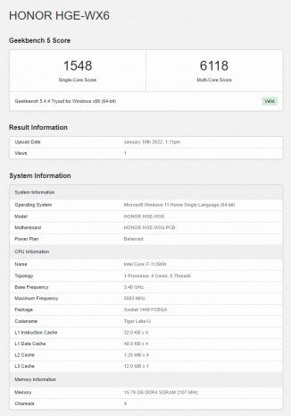 Honor MagicBook View 14 on Geekbench 5