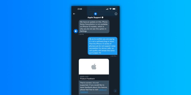 Apple Support chat confirming absence of noice cancelation on iPhone 13 series (via: 9to5Mac)