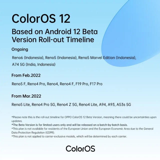 Oppo ColorOS 12 beta roll-out details