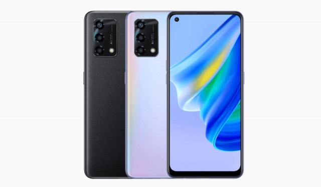 Oppo Reno6 Lite in black and rainbow silver