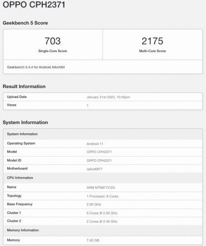 Oppo Cph2371 Sur Geekbench