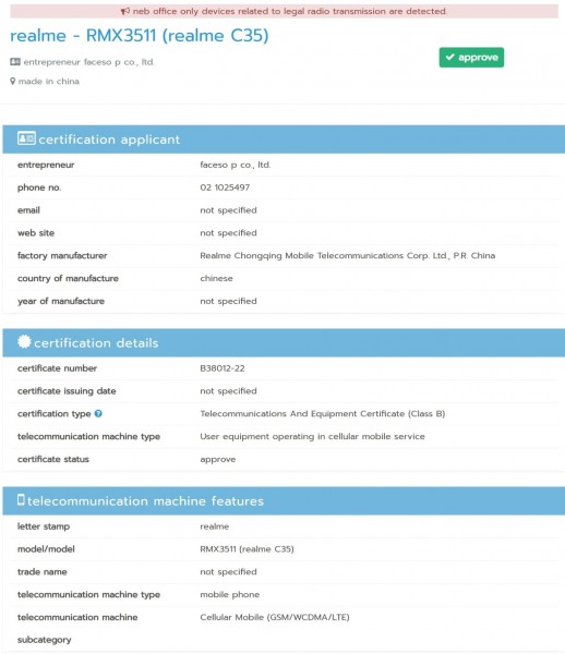 Realme C35 bags NBTC certification