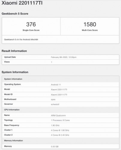 Thẻ điểm Geekbench biến thể của Xiaomi Redmi Note 11 4G Ấn Độ