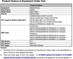 Listagem do Redmi 2201116SG na FCC