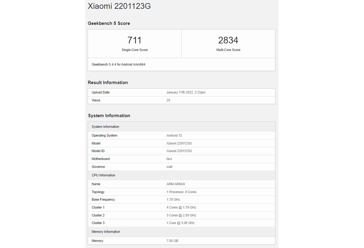 Mô hình Xiaomi 12 toàn cầu vượt qua Geekbench với 8GB RAM