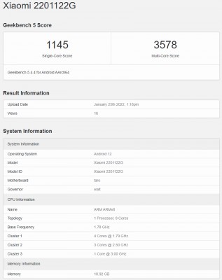 Geekbench result from the global Xiaomi 12 Pro