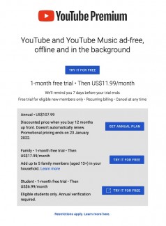 YouTube Premium and Music yearly subscription plans