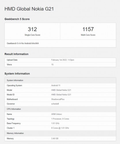 Nokia G21 spotted on Geekbench with Unisoc T606 chipset