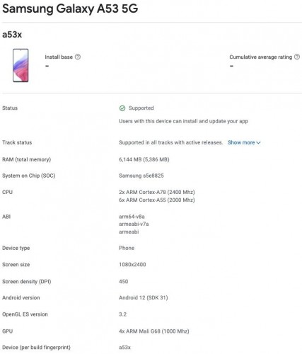 Samsung Galaxy A53 5G listing on Google Play Console