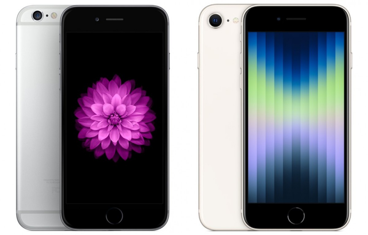 iPhone 6 di kiri dan iPhone SE (2022) di kanan