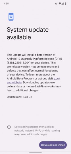 Android 12 QPR3 Beta 1 OTA notification on Google Pixel 6 Pro