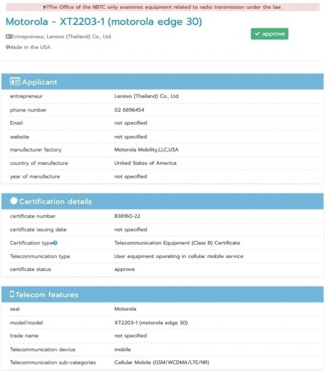 Motorola Edge 30 được chứng nhận NBTC