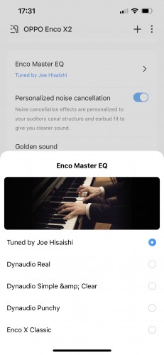 Oppo HeyMelody interface and Enco Master EQ modes