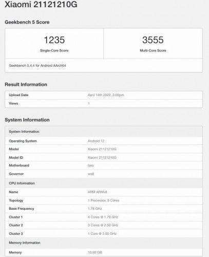 Poco F4 GT scorecard on Geekbench