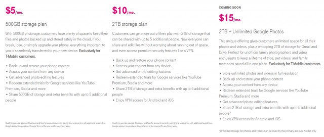 T-Mobile's Google One offerings, including the 2 TB + Unlimited Google Photos deal