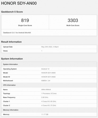 Honor 70 Pro Geekbench scorecard