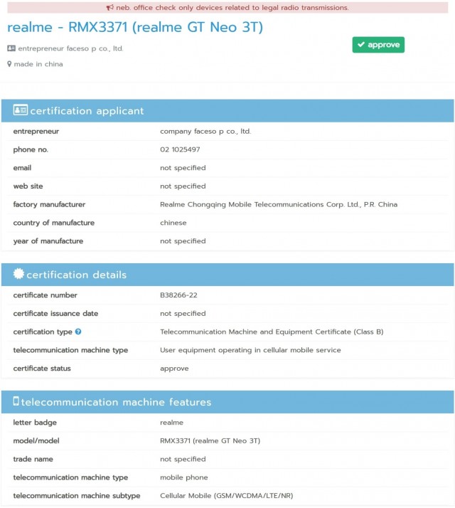 Realme GT Neo 3T bags NBTC certification