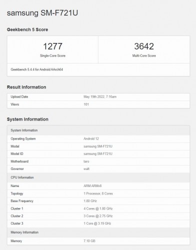 Samsung Galaxy Z Flip4 Geekbench listing