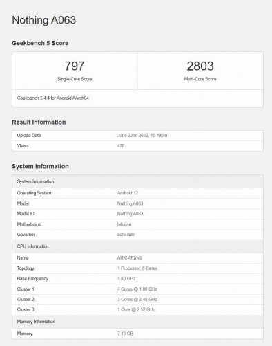 Nothing phone (1) listing on Geekbench 5