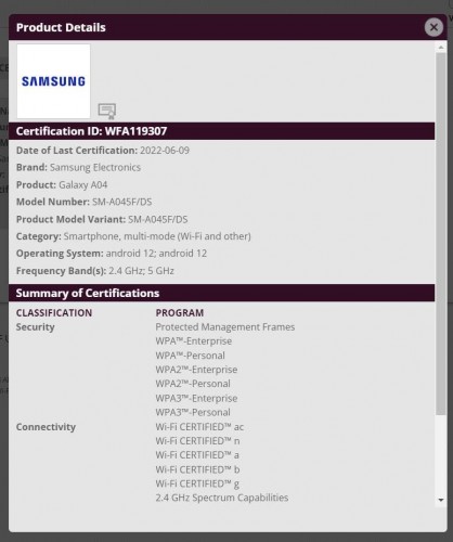 Samsung Galaxy A04 (SM-A045F/DS) on Wi-Fi Alliance database