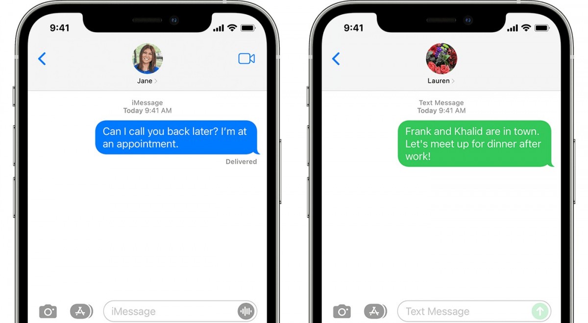  iMessage • Right: Messages sent over SMS appear in green