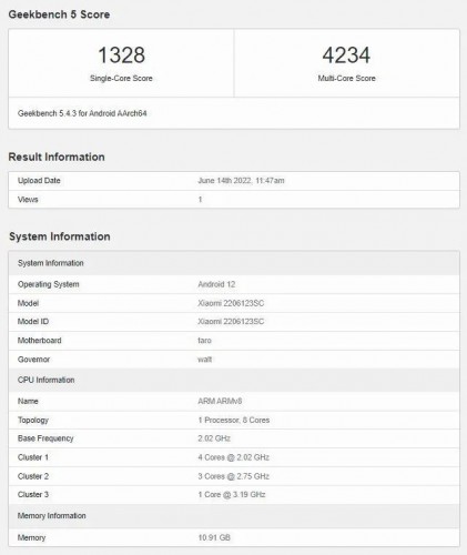 Xiaomi 12S Geekbench listing