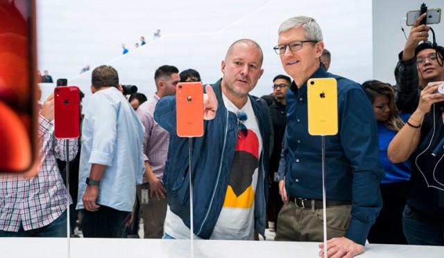 Jony Ive and Tim Cook in 2018 at the iPhone XR launch