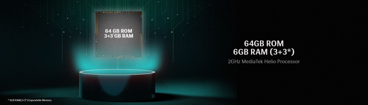 MediaTek Helio A22 chipset, 3GB of RAM and 64GB storage (+ microSD card slot)