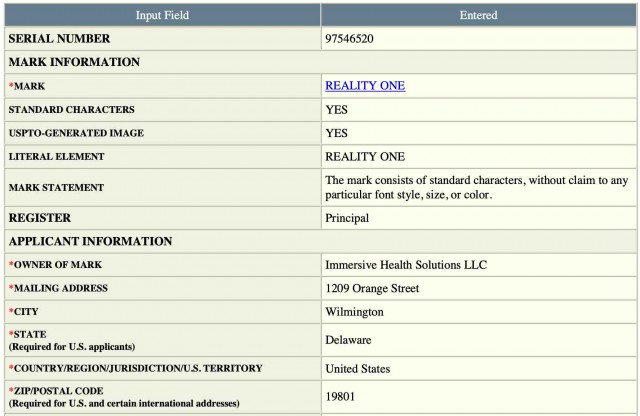 USPTO patent filling for Reality One