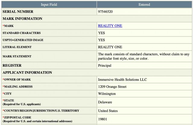 Solicitud de patente de la USPTO para Reality One