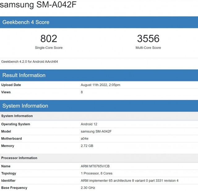 Samsung Galaxy A04 Core on Geekbench