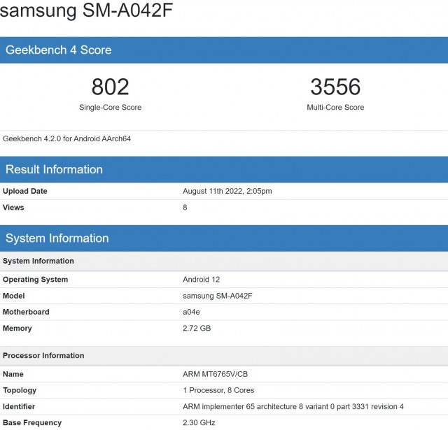 Samsung Galaxy A04 Core Sur Geekbench