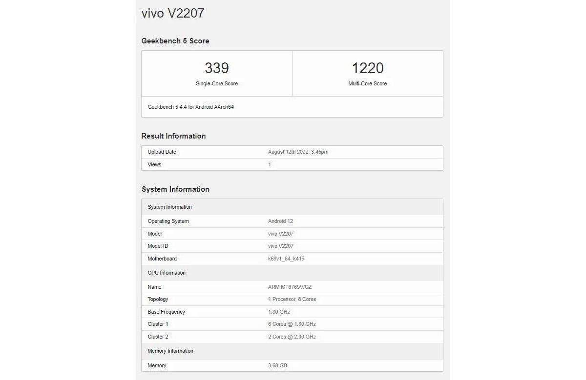 vivo Y22 stops by Geekbench ahead of its official launch