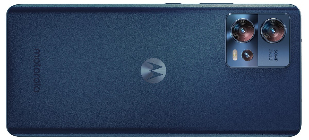 Motorola Edge 30 Fusion with a vegan leather back in Neptune Blue