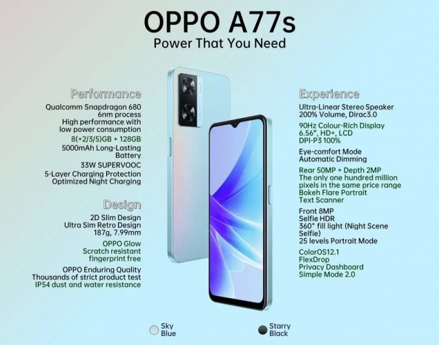 Oppo A77s' design and full specs revealed through leaked poster