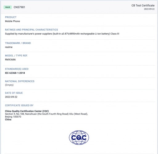 Realme 10 Pro+ CQC certification