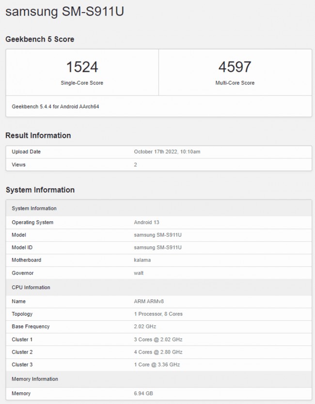 Samsung Galaxy S23 (SM-S911U) early Geekbench result (Snapdragon 8 Gen 2 chipset)