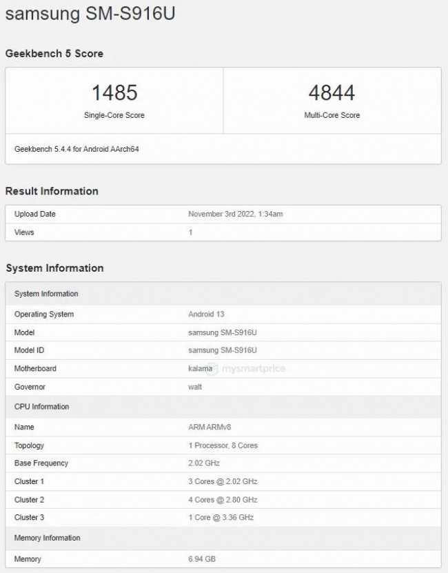 Samsung Galaxy S23+ US model on Geekbench