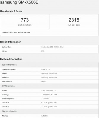 This Geekbench result allegedly comes from a Samsung Galaxy Tab S8 FE