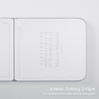 The limited edition Galaxy Z Flip4 incorporates Margiela's Decortic technology and features a matte silver white frame
