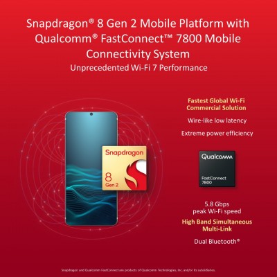 Snapdragon 8 Gen 2의 FastConnect 7800은 대기 시간이 짧은 Wi-Fi 7 및 Bluetooth를 제공합니다.