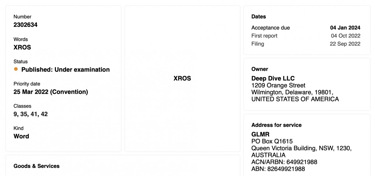 Trademark filing for ''xrOS'' by Deep Dive LLC, a suspected shell company owned by Apple