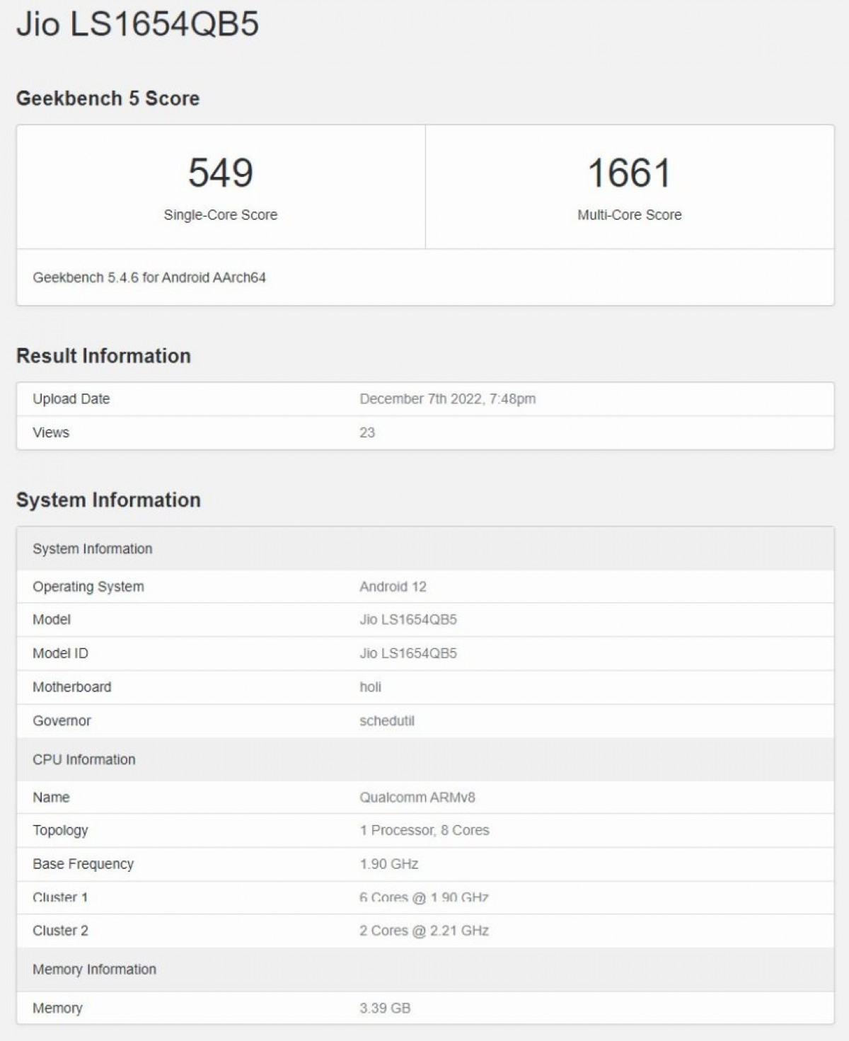 Jio Phone 5G appears on Geekbench with Snapdragon 480+