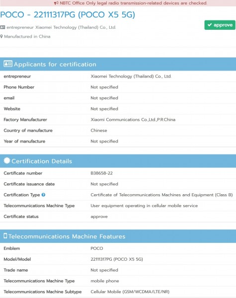 Poco F4 5G Listed on NBTC Certification Website, Expected to Launch Soon -  MySmartPrice