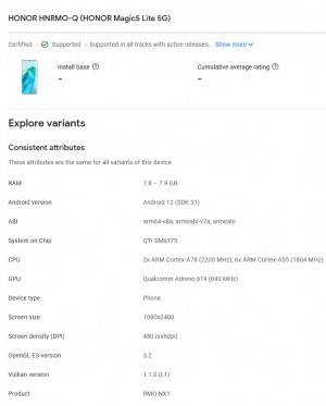 Honor Magic5 Lite specs on the Google Play Console