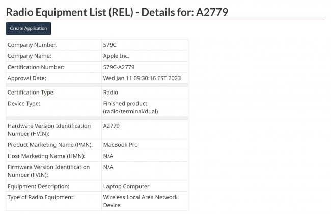 Apple MacBook Pro A2779 on Canada Radio Equipment List database