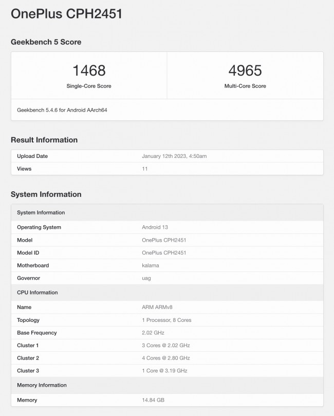 OnePlus 11 (global unit) Geekbench scorecard