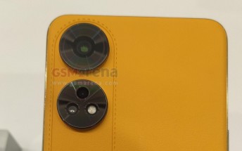 Oppo Reno8 T 4G Sunset Orange model poses for the camera, revealing key specs