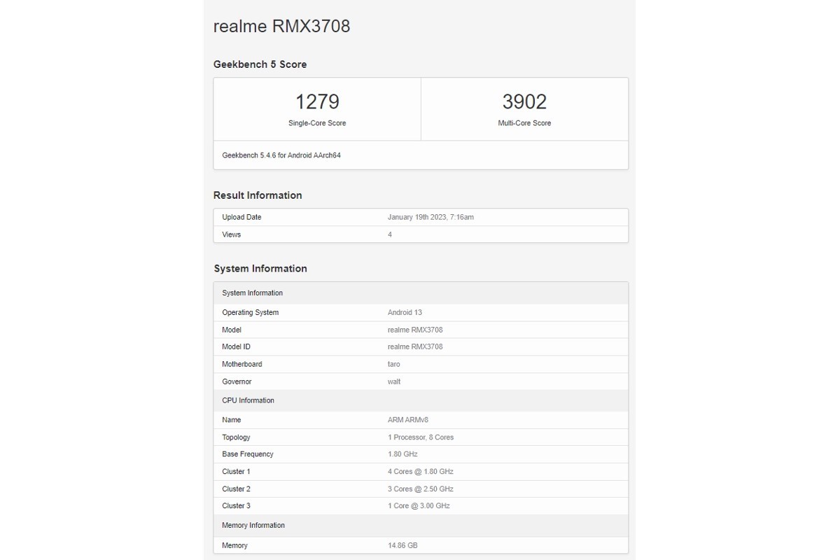 Realme GT Neo 5 seemingly passes through Geekbench with 16GB of RAM